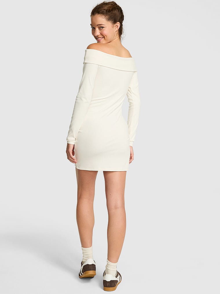 PINK All-Day Soft Ribbed Off-The-Shoulder Mini Dress, Winter white, onModelBack, 2 of 4 Ruby is 5'6" and wears 32A or Small