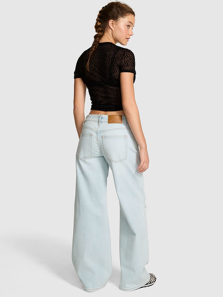 PINK Denim by PINK Mid-Rise Baggy Wide-Leg Jeans, Super Light Wash Distress, onModelBack, 3 of 4
