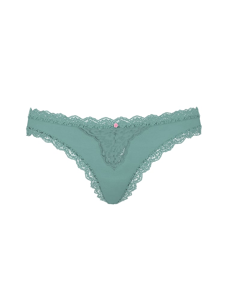 Victoria's Secret, Dream Angels Lace-Trim Thong Panty, Arctic Green, offModelFront, 3 of 3