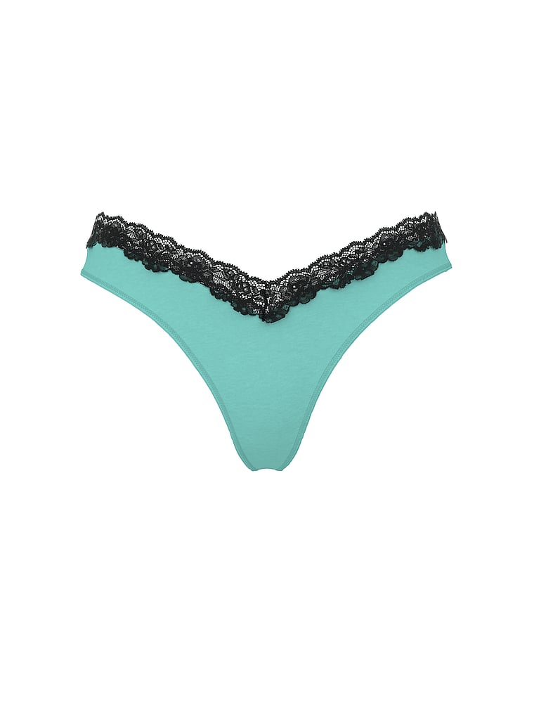 Victoria's Secret, Very Sexy Lace-Trim High-Leg Thong Panty, Dusty Turquoise, offModelFront, 2 of 4