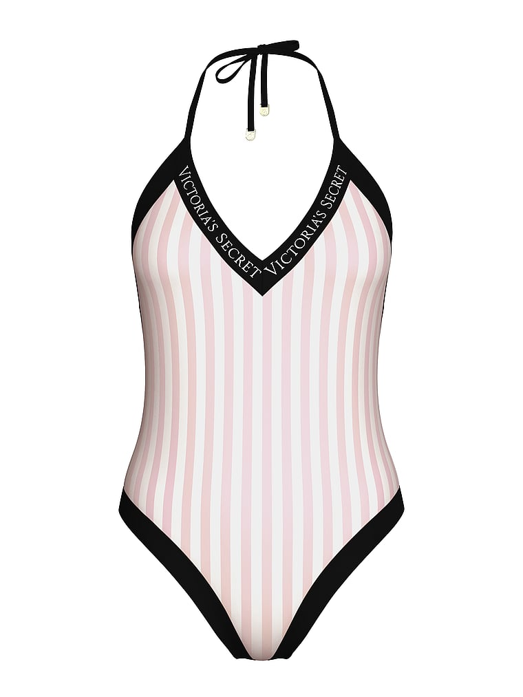 Victoria's Secret, Victoria's Secret Swim VS Iconic Logo Plunge One-Piece Swimsuit, Iconic Pink Stripes, offModelFront, 3 of 3