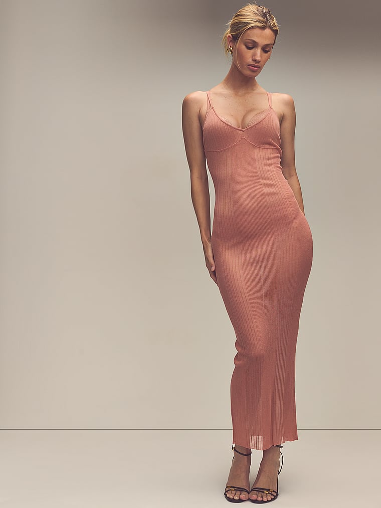 Victoria's Secret, Victoria's Secret Sheer Knit Triangle Midi Dress, Desert Blush, onModelSide, 4 of 4 Maggie is 5'7" and wears 32B or Small