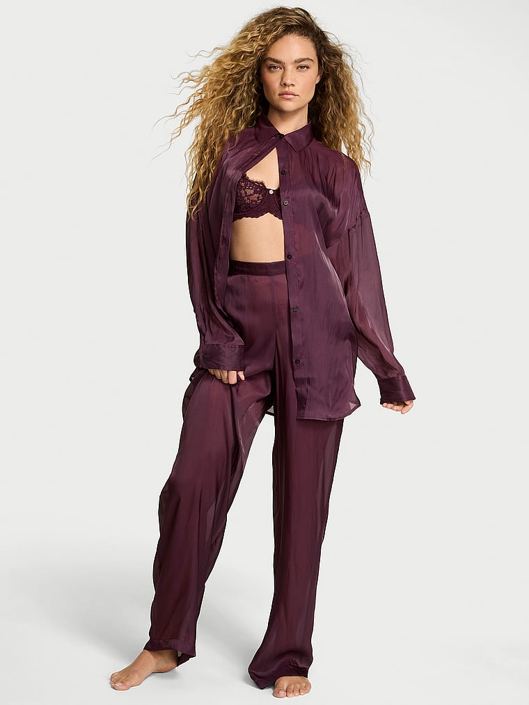 Luxe Sheer Satin Button-Front Long Pajama Set