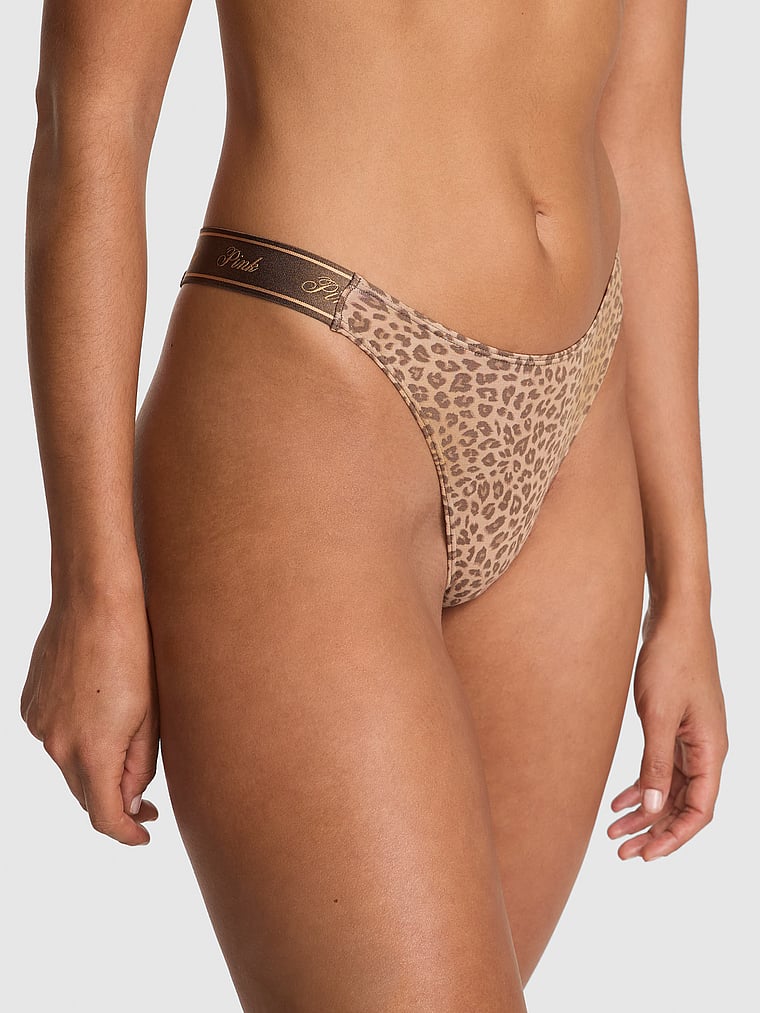 PINK Logo Thong Panty, Birch Brown Leopard Print, onModelFront, 1 of 3 Vanessa is 5'10" and wears Small