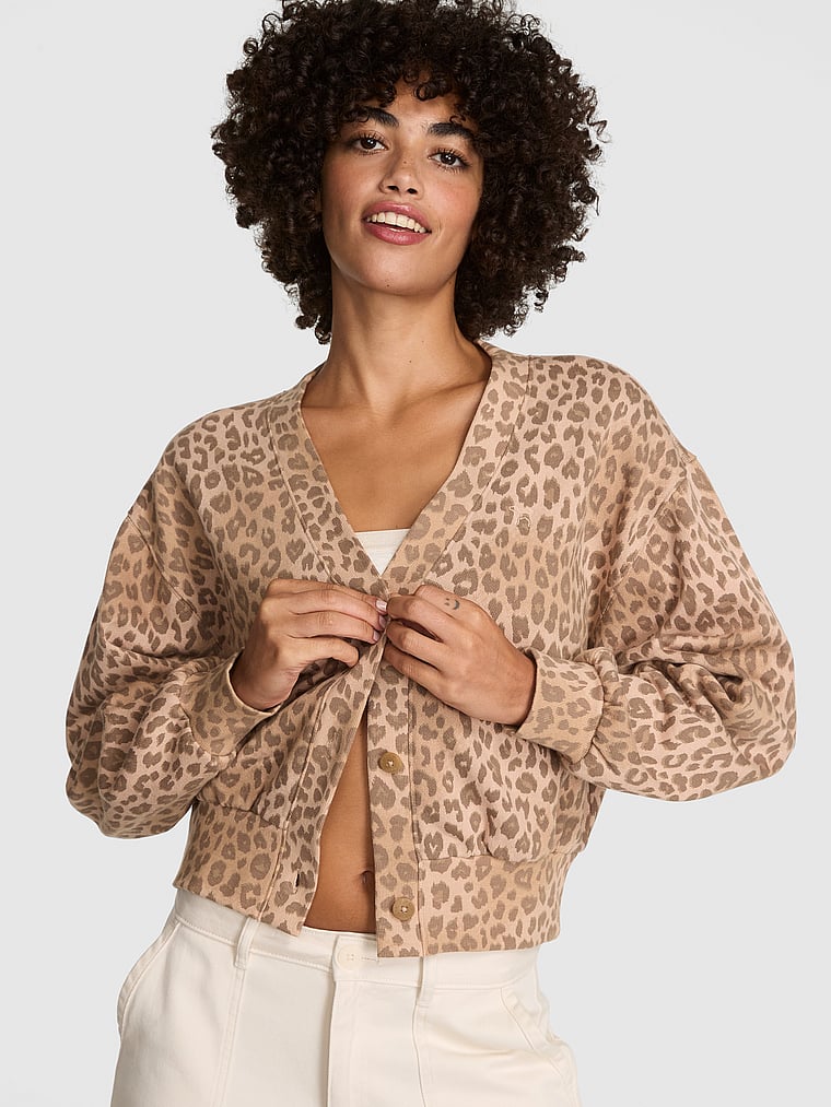 PINK Campus Fleece™ Cropped Cardigan, Leopard, onModelFront, 1 of 3 Vanessa is 5'10" and wears Small