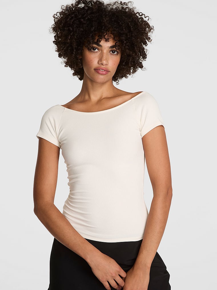 PINK All-Day Soft Rib Open-Back Top, Winter white, onModelFront, 3 of 4 Vanessa is 5'10" and wears Small