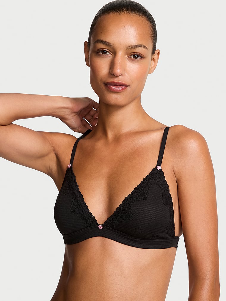 Victoria's Secret, The T-shirt SoSoft™ Modal Ultra-Fine Triangle Bralette, Black, onModelFront, 1 of 4 Nikita  is 5'10" and wears 34B or Small
