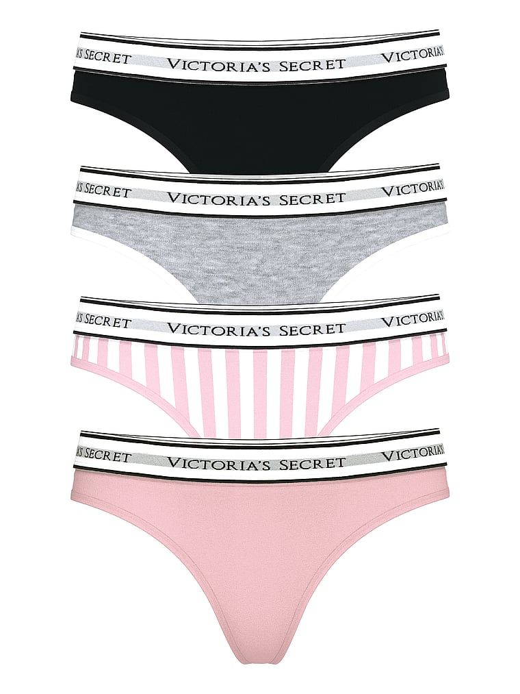 Victoria's Secret, Victoria's Secret 4-Pack Logo Cotton Thong Panties, offModelFront, 1 of 1