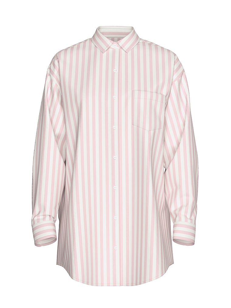 Victoria's Secret, Victoria's Secret Swim Heritage Stripe Linen Boyfriend Shirt Dress, Iconic Pink Stripes, offModelFront, 3 of 3