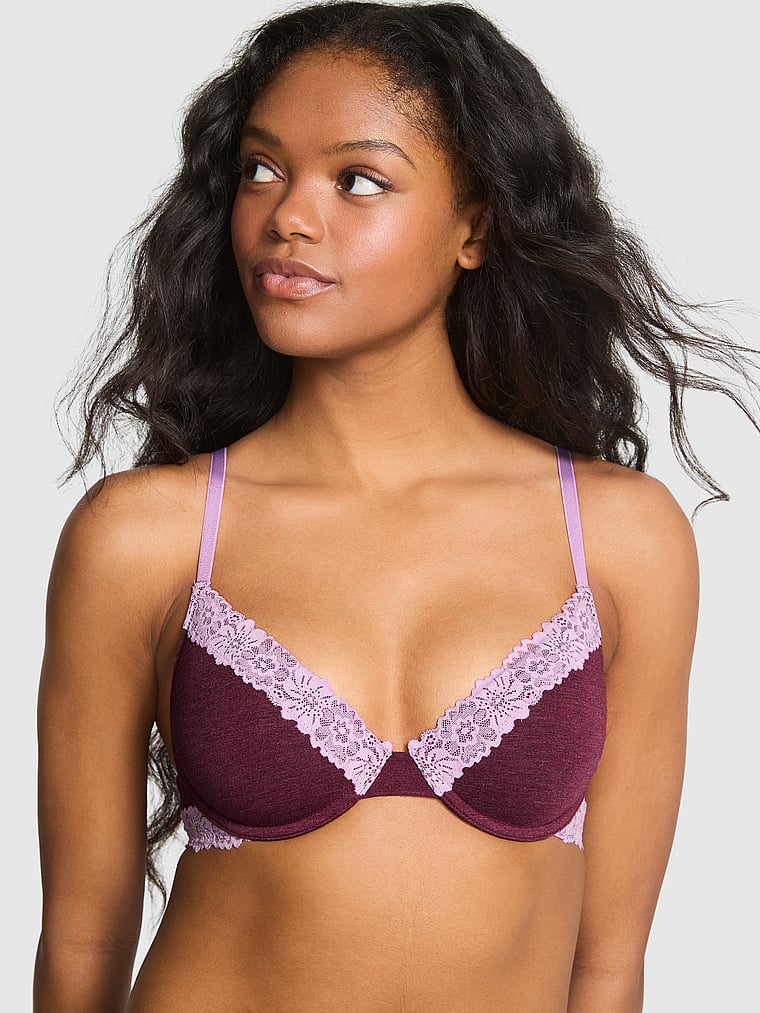 PINK Wear Everywhere Wear Everywhere Lightly Lined Full Coverage T-Shirt Bra, Heather Burgundy, onModelFront, 1 of 4 Jordan is 5'9" and wears 34B or Small