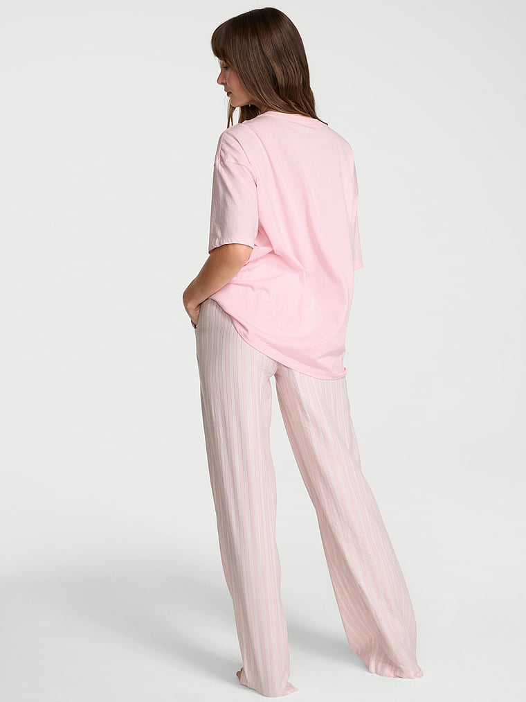 Victoria's Secret, Victoria's Secret Flannel Short-Sleeve Long Tee-Jama Set, Core Lurex Stripe Coconut White/Pretty Blossom, offModelBack, 2 of 4 Ari is 5'9" and wears S/Regular