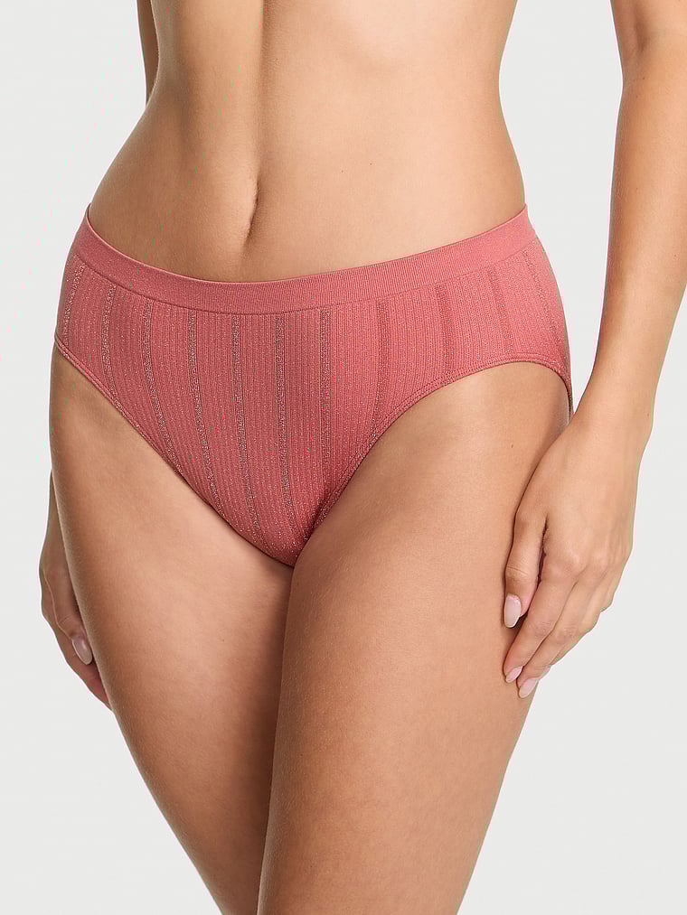 Victoria's Secret, Seamless Seamless High-Leg Brief Panty, Seductive Rose Lurex Stripe, onModelFront, 1 of 3 Ari is 5'9" and wears Small