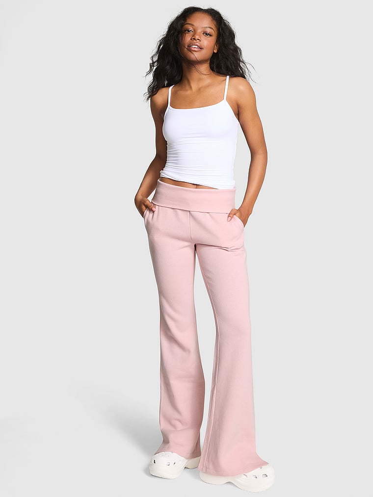PINK Ivy Fleece Foldover Flare Sweatpants, Doll house, onModelFront, 1 of 3 Jordan is 5'9" and wears Small