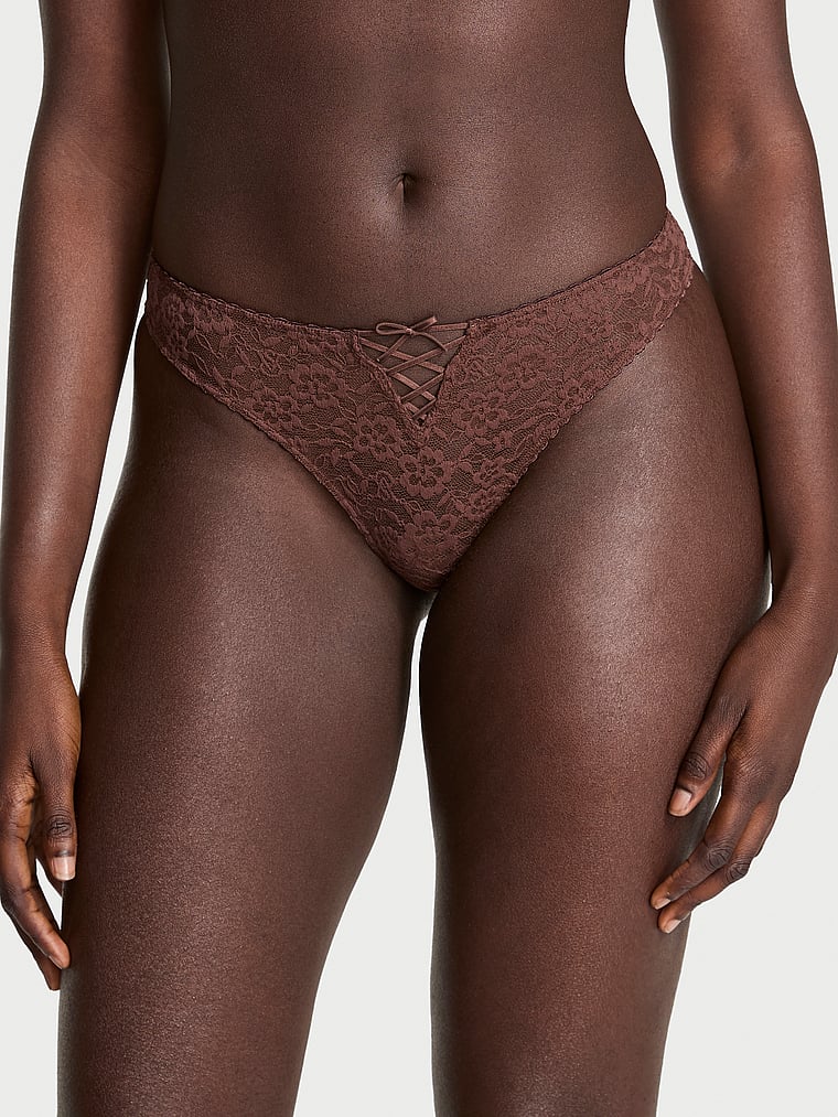 Victoria's Secret, The Lacie Lacie Lace-Up Bow Thong Panty, Ganache, onModelFront, 1 of 5