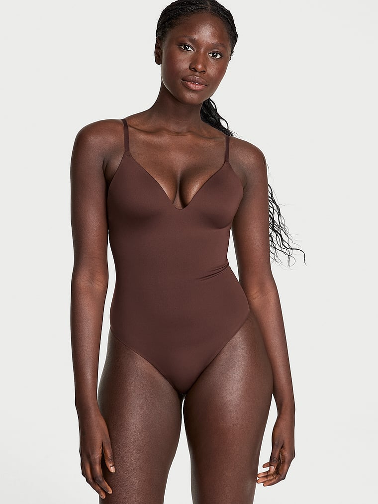 Victoria's Secret, Victoria's Secret Luxe Contour Push-Up Bodysuit, Ganache, onModelFront, 1 of 5