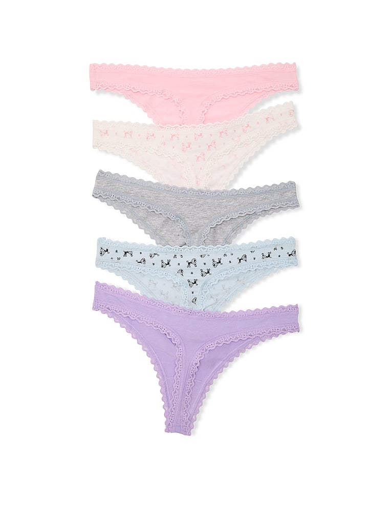 Victoria's Secret, Victoria's Secret 5-Pack Cotton Lace-Trim Thong Panties, Multi, offModelBack, 2 of 2