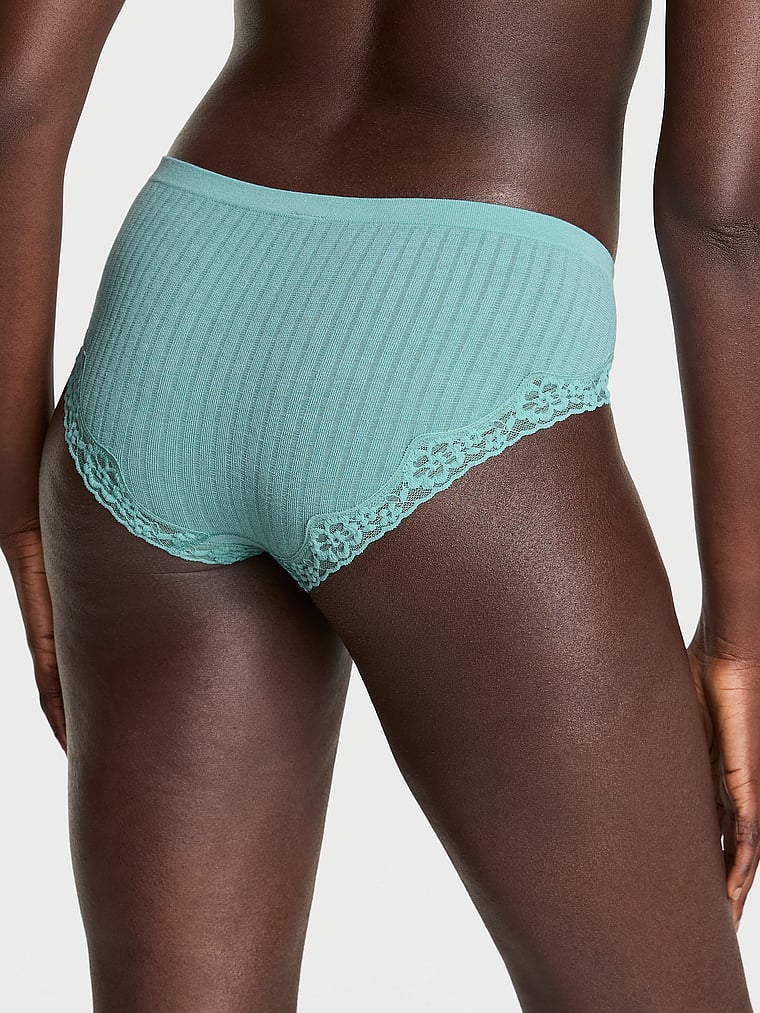 Victoria's Secret, Seamless Seamless Rib Lace-Trim Hiphugger Panty, Dusty Turquoise, onModelBack, 2 of 3