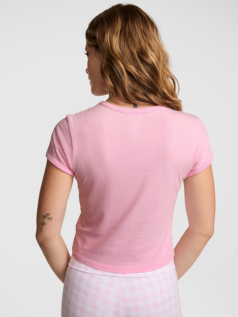 PINK X LoveShackFancy PINK x LoveShackFancy Retro Cotton Tee, Pink Lollipop, onModelBack, 1 of 5 Taylor is 5'8" or 173cm and wears Small