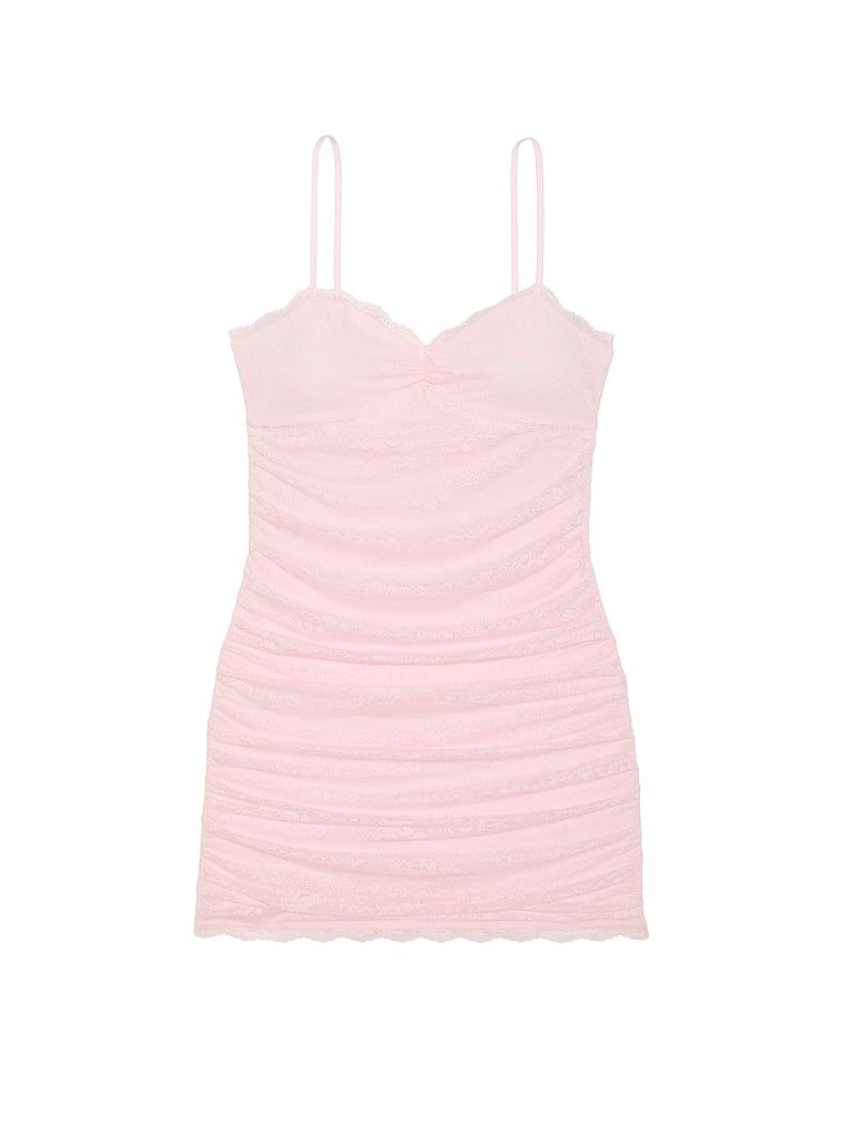 PINK X LoveShackFancy PINK x LoveShackFancy Ruched Lace Mini Dress, Pink Tulip, offModelFront, 2 of 5