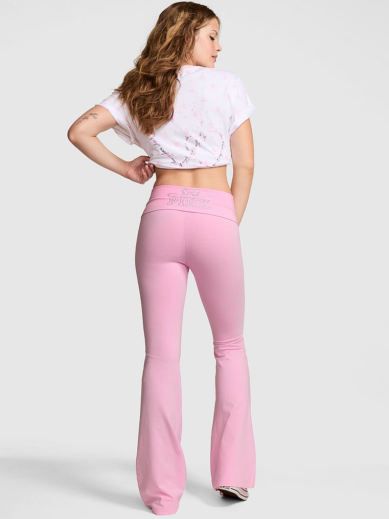 PINK X LoveShackFancy PINK x LoveShackFancy Cotton Foldover Flare Leggings, Pink Lollipop, onModelBack, 2 of 5 Taylor is 5'8" and wears Small