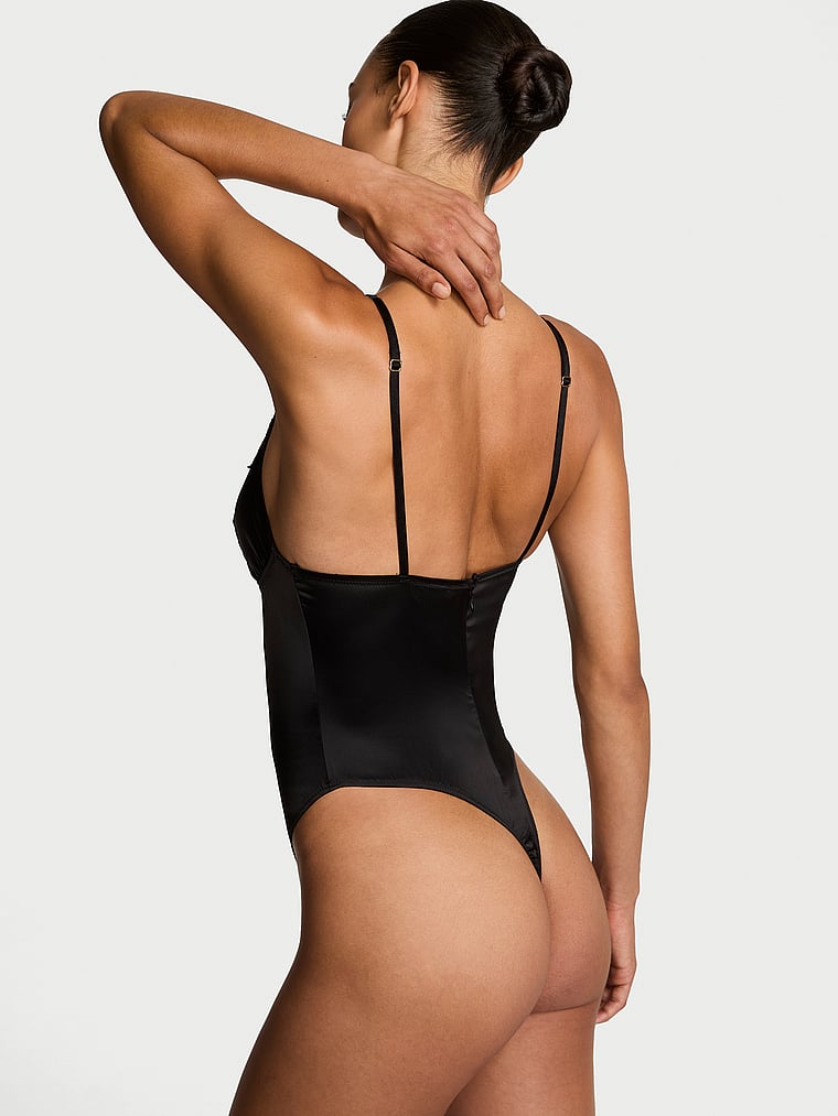 Victoria's Secret, Dream Angels Satin Lace-Trim Bodysuit, Black, onModelBack, 2 of 4 Nikita is 5'10" and wears 34B or Small