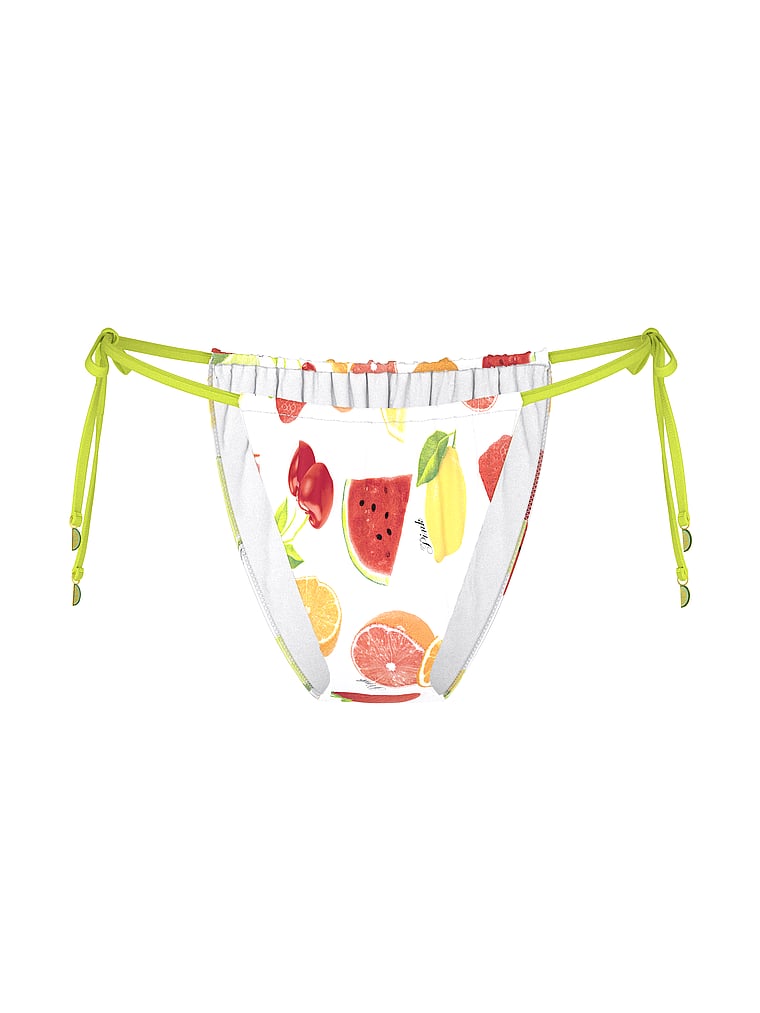 PINK SWIM Side-Tie Cheeky Bikini Bottom, White Ground Fruit, offModelFront, 3 of 4
