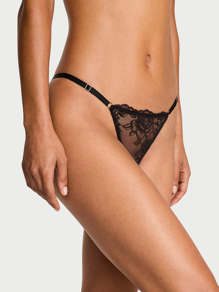Victoria's Secret, Very Sexy Rose Lace Adjustable V-String Panty, Black, onModelFront, 1 of 3 Nikita  is 5'10" or 178cm and wears Small