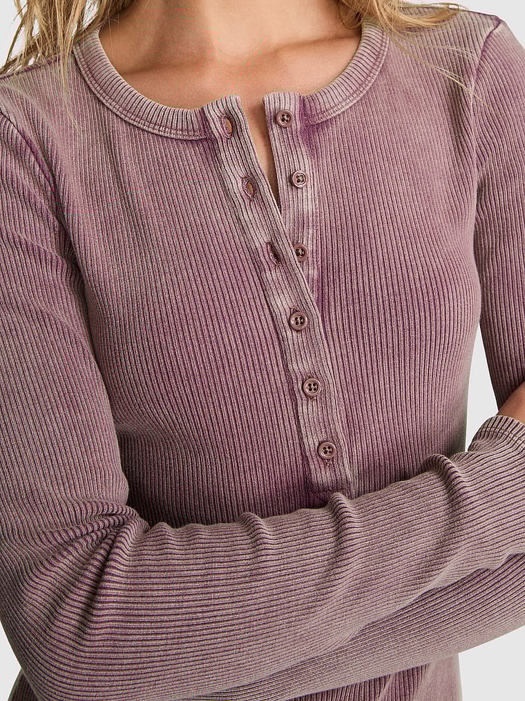 PINK Vintage Ribbed Henley Long-Sleeve Dress, Wild rose, onModelBack, 2 of 3 Mari is 5'7" and wears 34B or Small