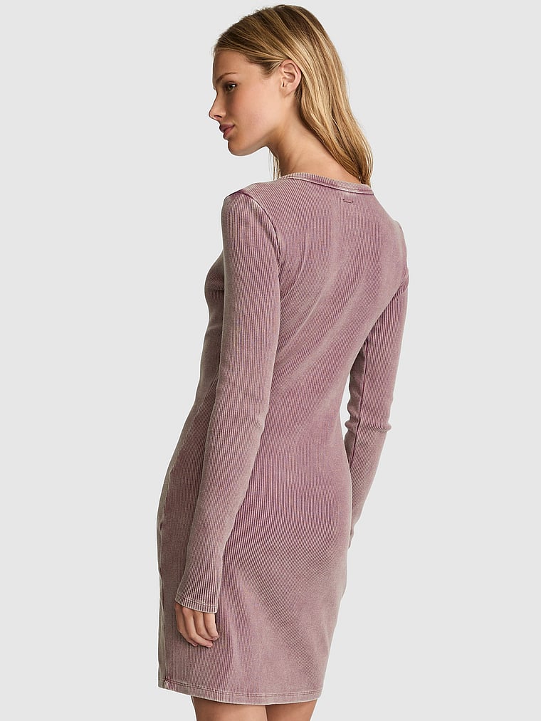 PINK Vintage Ribbed Henley Long-Sleeve Dress, Wild rose, detail, 3 of 3 Mari is 5'7" and wears 34B or Small