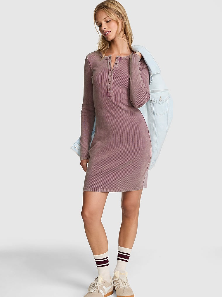 PINK Vintage Ribbed Henley Long-Sleeve Dress, Wild rose, onModelFront, 1 of 3 Mari is 5'7" and wears 34B or Small