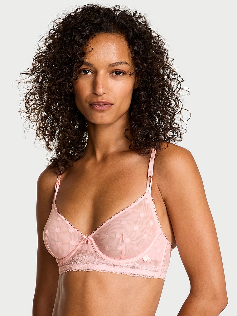 Victoria's Secret, Victoria's Secret Sexy Tee Sheer Heritage Unlined Demi Bra Top, Angel Pink, onModelFront, 3 of 5 Nikita  is 5'10" and wears 34B or Small