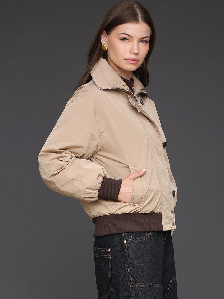 Victoria's Secret, Avec Les Filles High Neck Padded Jacket, Vintage Khaki, onModelSide, 3 of 5