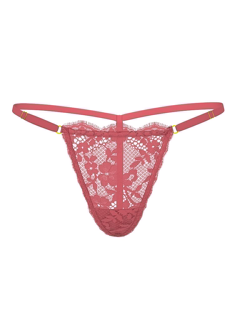 Victoria's Secret, Dream Angels Satin Pom Pom V-String Panty, Seductive Rose, offModelFront, 4 of 5