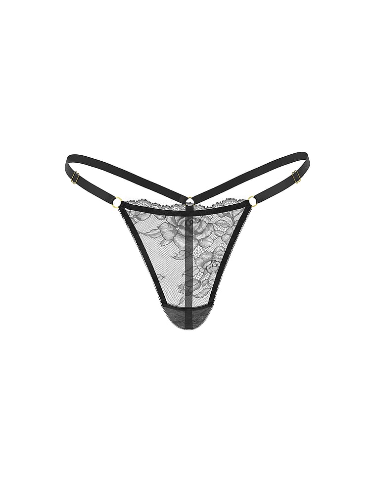 Victoria's Secret, Very Sexy Rose Lace Adjustable V-String Panty, Black, offModelFront, 3 of 3