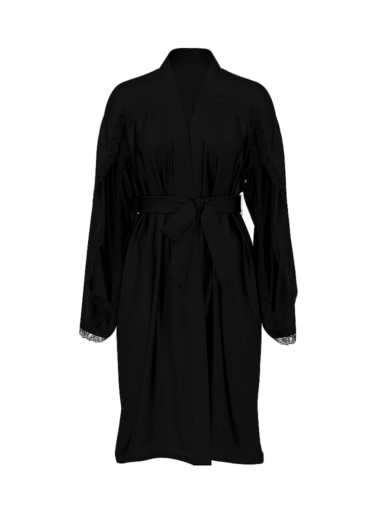 Victoria's Secret, Very Sexy Satin Rose Lace-Trim Midi Robe, Black, offModelFront, 3 of 3