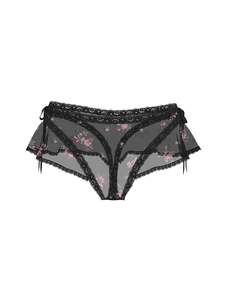 Victoria's Secret, Dream Angels Sheer Flutter High-Leg Thong Panty, Black Floral, offModelFront, 2 of 4