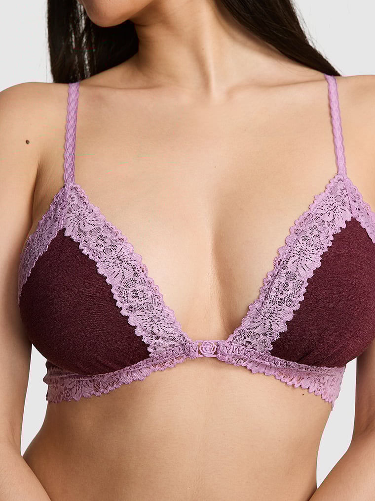 PINK Cotton Lace-Trim Front-Close Triangle Bralette, Heather Burgundy, detail, 3 of 4 Gloria is 5'9" and wears 34D or Small
