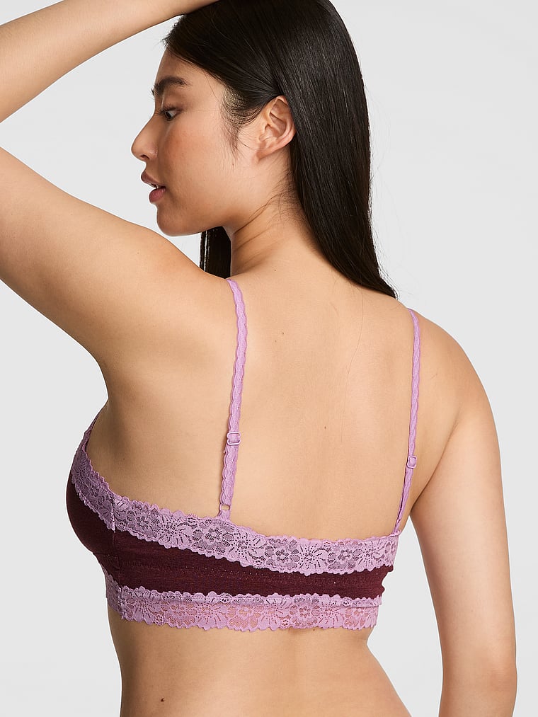 PINK Cotton Lace-Trim Front-Close Triangle Bralette, Heather Burgundy, onModelBack, 2 of 4 Gloria is 5'9" and wears 34D or Small