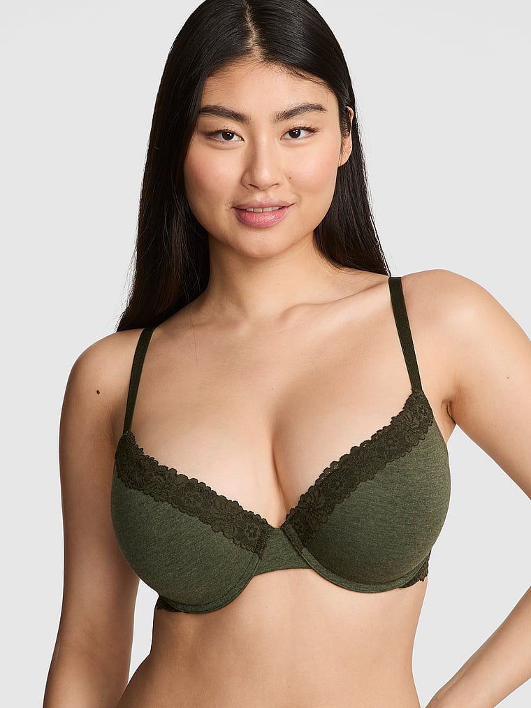 PINK Wear Everywhere Wear Everywhere Push-Up Bra, Heather Midnight Forest, onModelFront, 1 of 4 Gloria is 5'9" or 175cm and wears 34D or Small