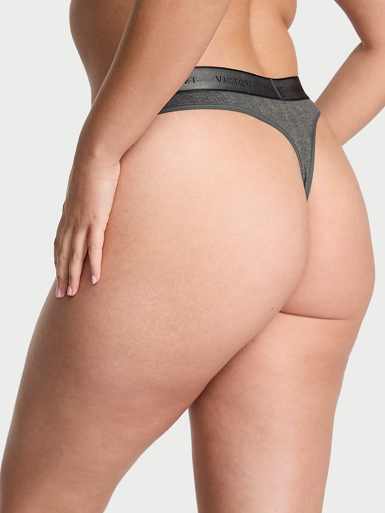 Victoria's Secret, Cotton Logo Cotton Thong Panty, Heather Anthracite, onModelBack, 2 of 3 Karmi is 5'10" and wears Large