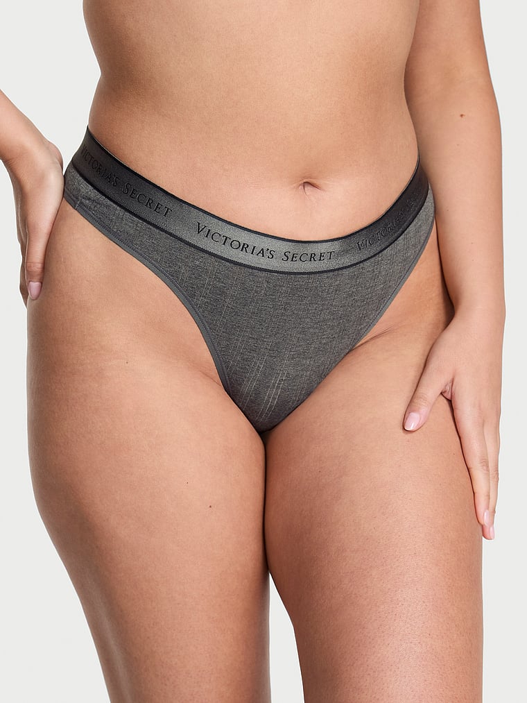 Victoria's Secret, Cotton Logo Cotton Thong Panty, Heather Anthracite, onModelFront, 1 of 3 Karmi is 5'10" and wears Large
