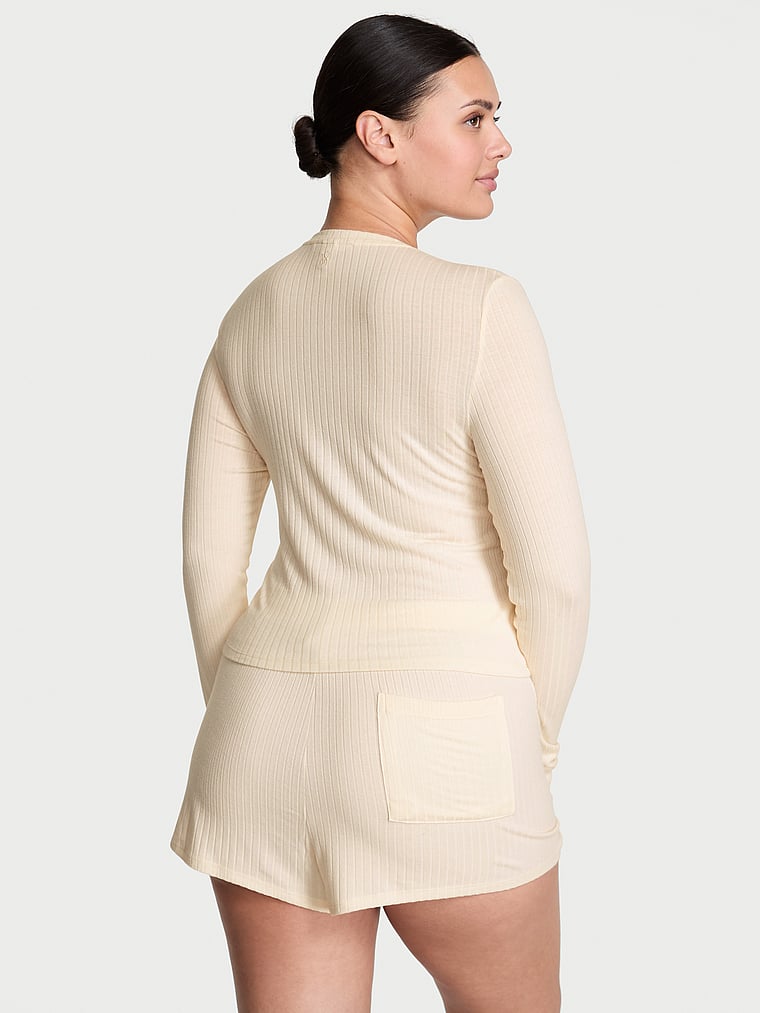 Victoria's Secret, Victoria's Secret Modal Wide-Rib Long-Sleeve Short Lounge Set, Candlelight, onModelBack, 2 of 3 Karmi is 5'10" or 178cm and wears L/Regular