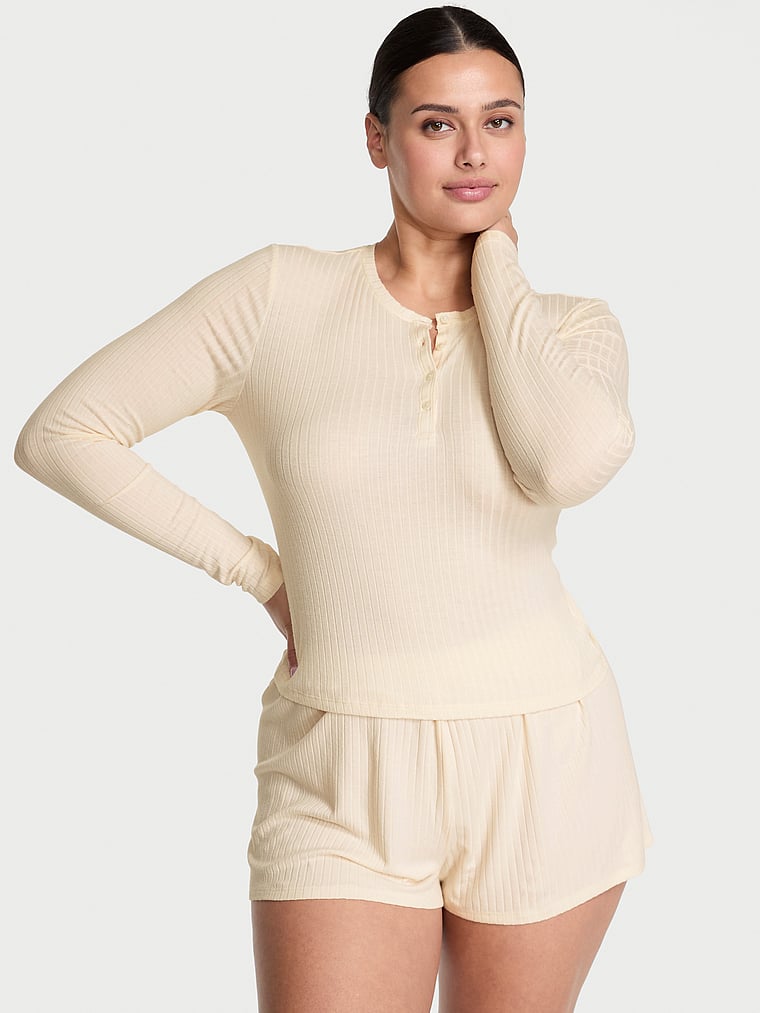 Victoria's Secret, Victoria's Secret Modal Wide-Rib Long-Sleeve Short Lounge Set, Candlelight, onModelFront, 1 of 3 Karmi is 5'10" or 178cm and wears L/Regular