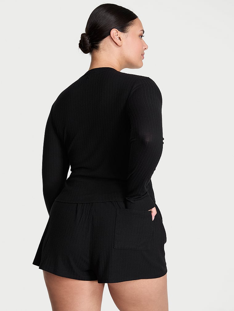 Victoria's Secret, Victoria's Secret SoSoft™ Modal Wide-Rib Long-Sleeve Henley & Shorts Set, Black, onModelBack, 2 of 4 Karmi is 5'10" and wears L/Regular