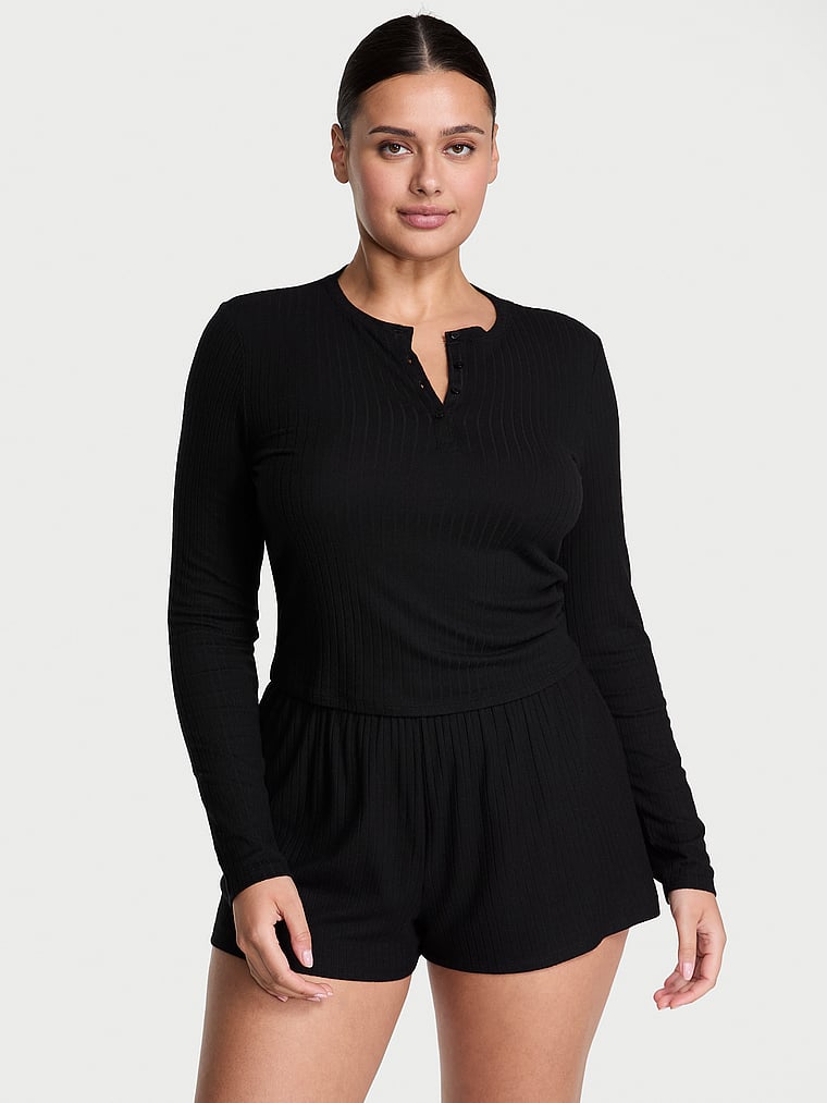 Victoria's Secret, Victoria's Secret SoSoft™ Modal Wide-Rib Long-Sleeve Henley & Shorts Set, Black, onModelFront, 1 of 4 Karmi is 5'10" and wears L/Regular