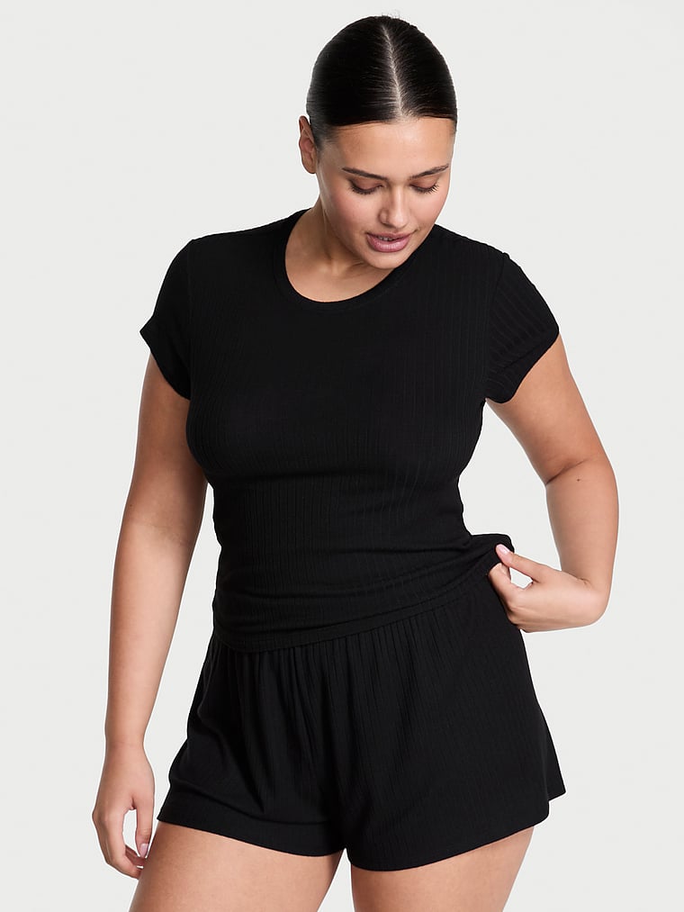 Victoria's Secret, Victoria's Secret Modal Wide-Rib Tee, Black, onModelFront, 1 of 3