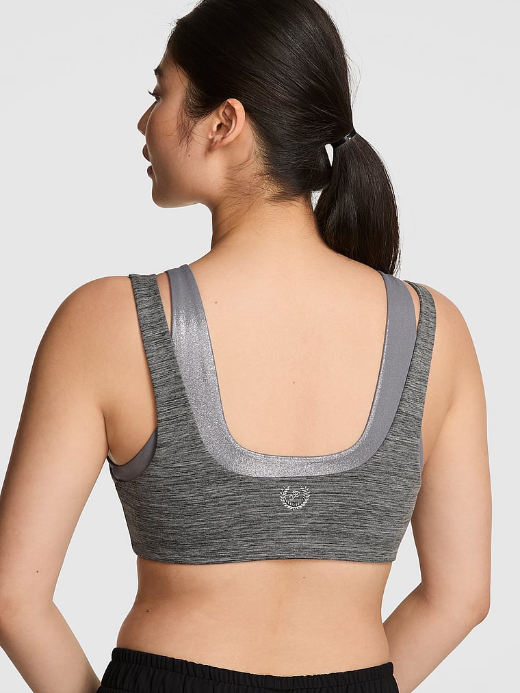 PINK Relay Double Up Square-Neck Bra, Pure Black Marl, onModelBack, 2 of 5 Gloria is 5'9" or 175cm and wears 34D or Small