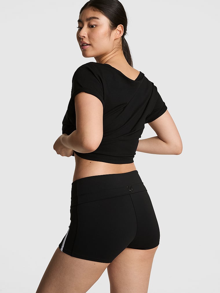 PINK Relay Colorblock Foldover Micro Shorts, Pure Black, onModelBack, 2 of 3 Gloria is 5'9" or 175cm and wears Small