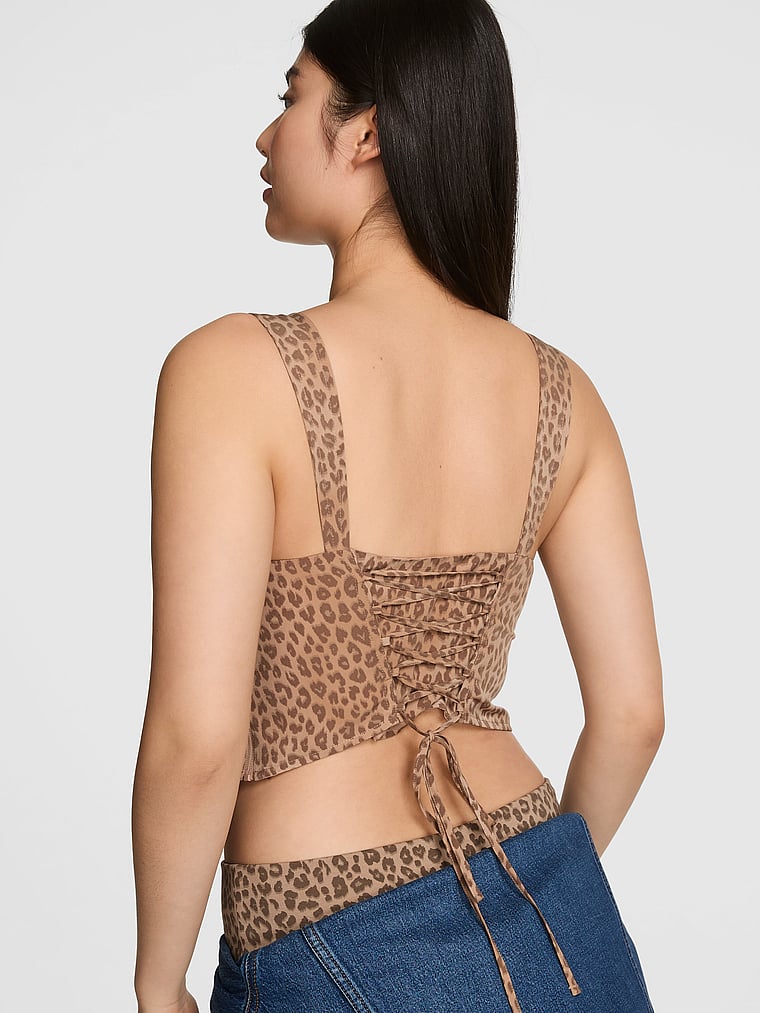PINK Lace-Up Corset Top, Leopard print, onModelBack, 2 of 4
