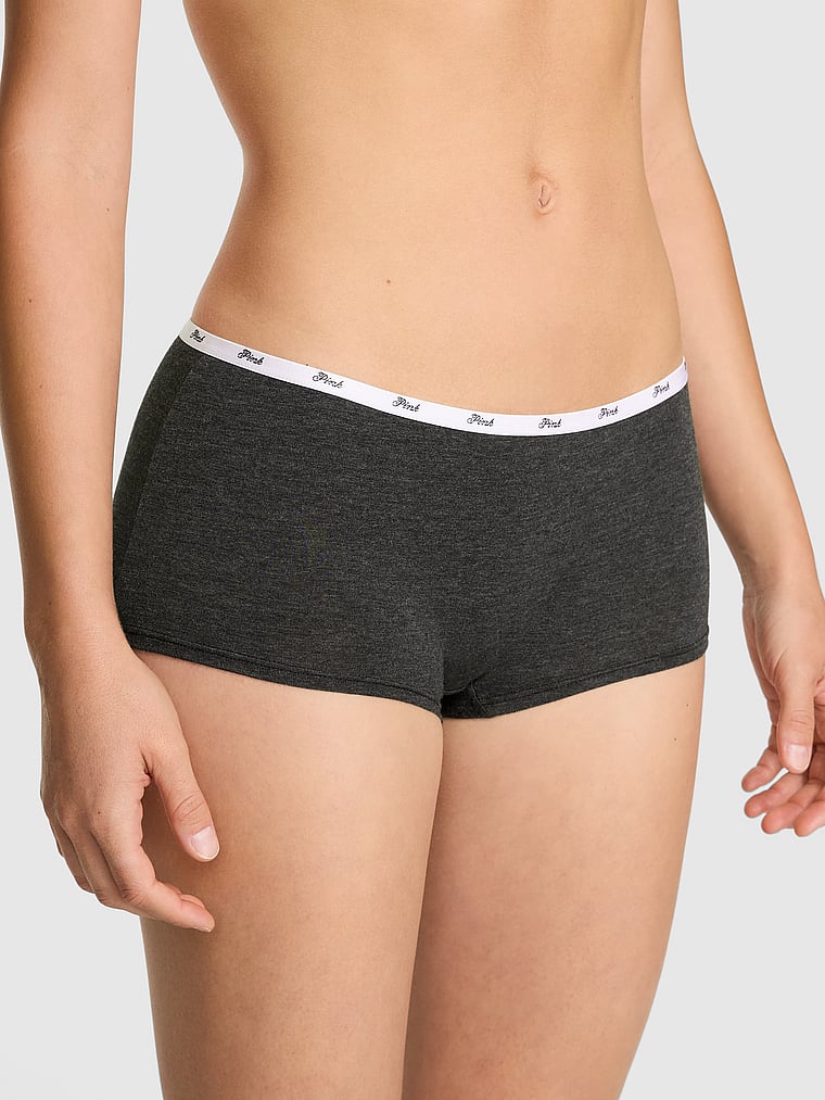 PINK Logo Cotton Boyshort Panty, Charcoal Heather Grey, onModelFront, 1 of 4 Ruby is 5'6" or 168cm and wears Small